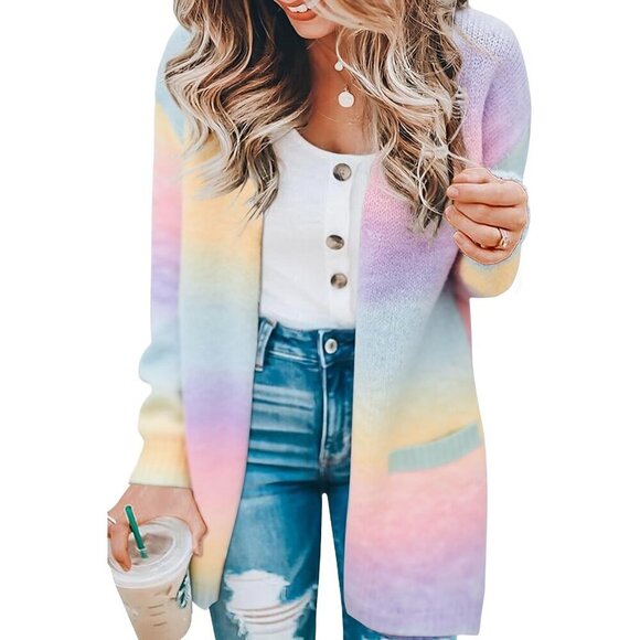 Sweaters - Women’s Color Block Cardigan Sweater Knit Long Sleeve Open Front Casual